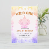 Wild One Cute Elephant 1st Birthday Invitation Kaart (Staand voorkant)