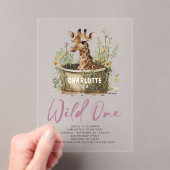 Wild One Cute Giraffe 1st Birthday Boho Animal Acryl Uitnodigingen (Insitu (Draagbaar))