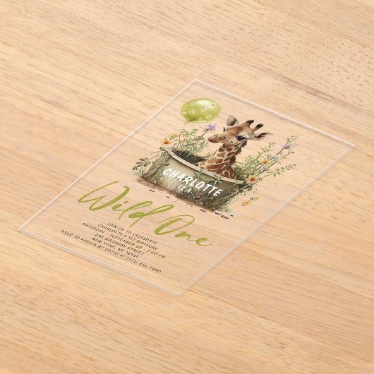 Wild One Cute Giraffe 1st Birthday Boho Animal Acryl Uitnodigingen (Laagn)