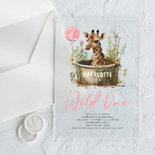 Wild One Cute Giraffe 1st Birthday Boho Animal Acryl Uitnodigingen