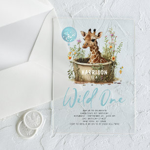 Wild One Cute Giraffe 1st Birthday Boho Animal Acryl Uitnodigingen