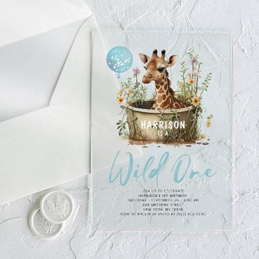 Wild One Cute Giraffe 1st Birthday Boho Animal Acryl Uitnodigingen