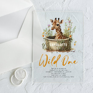 Wild One Cute Giraffe 1st Birthday Boho Animal Acryl Uitnodigingen