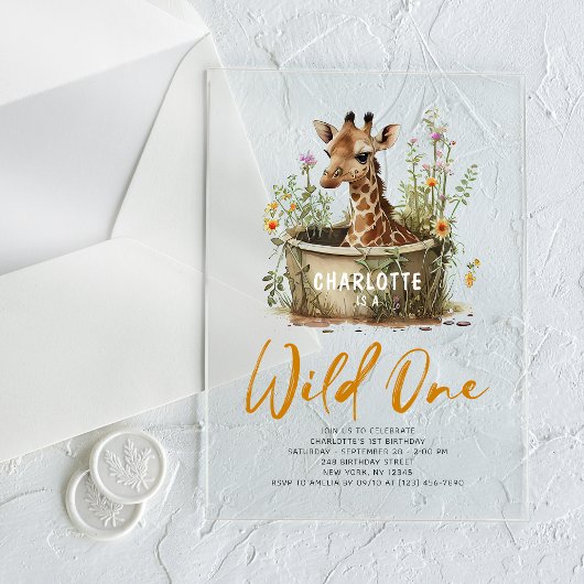 Wild One Cute Giraffe 1st Birthday Boho Animal Acryl Uitnodigingen