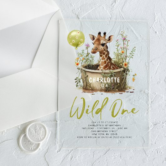 Wild One Cute Giraffe 1st Birthday Boho Animal Acryl Uitnodigingen