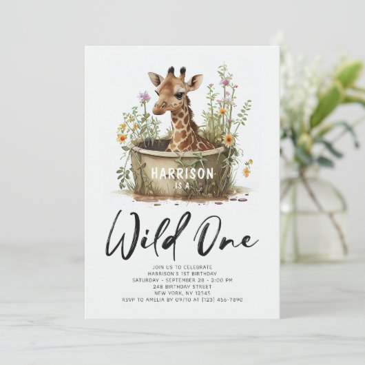 Wild One Cute Giraffe 1st Birthday Boho Animal Kaart (Staand voorkant)