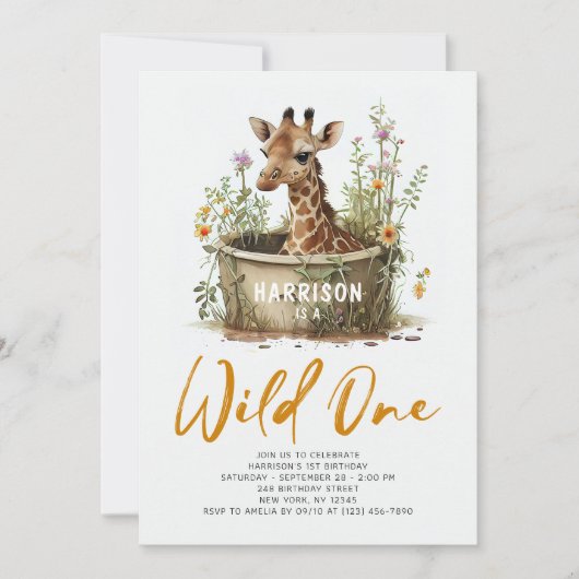 Wild One Cute Giraffe 1st Birthday Boho Animal Kaart (Voorkant)