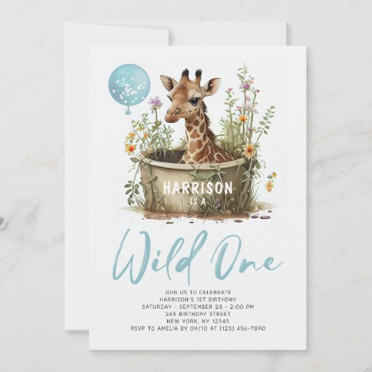 Wild One Cute Giraffe 1st Birthday Boho Animal Kaart (Voorkant)
