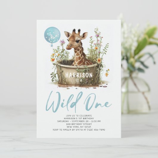 Wild One Cute Giraffe 1st Birthday Boho Animal Kaart (Staand voorkant)