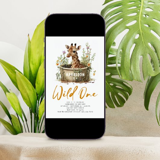 Wild One Cute Giraffe 1st Birthday Foto Dier Kaart