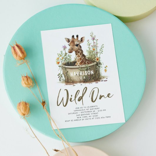 Wild One Cute Giraffe 1st Birthday Foto Dier Kaart