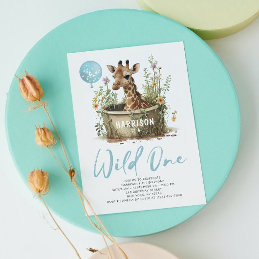 Wild One Cute Giraffe 1st Birthday Foto Dier Kaart