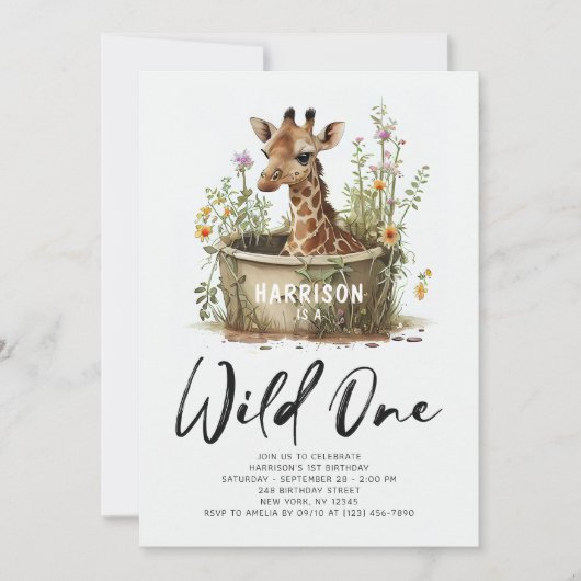 Wild One Cute Giraffe 1st Birthday Foto Dier Kaart (Voorkant)