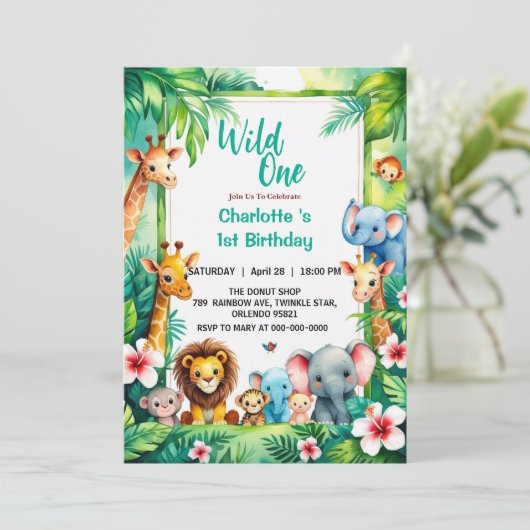 Wild One Cute Jungle Animal Child's 1st Birthday  Kaart (Staand voorkant)