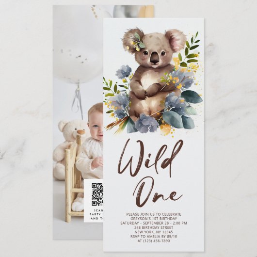 Wild One Cute Koala 1st Birthday Foto Animal Kaart (Voorkant / Achterkant)