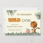 Wild One Cute Tiger Oerwoud First Birthday Invitat Kaart (Voorkant)