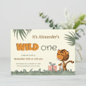 Wild One Cute Tiger Oerwoud First Birthday Invitat Kaart (Staand voorkant)
