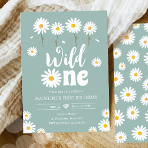 Wild One Daisy Boho Dusty Blue Girl First Birthday Kaart