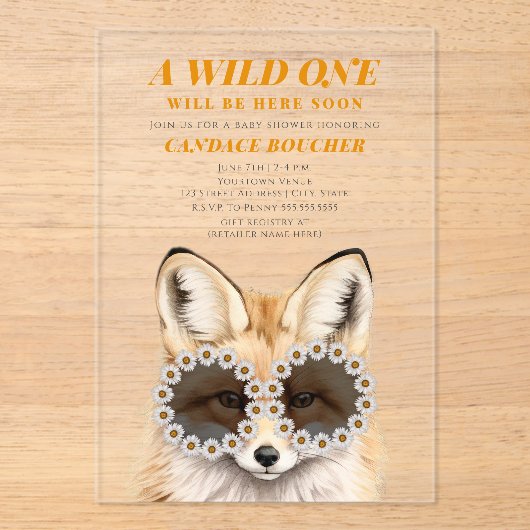 Wild One Daisy Zonnebril Fox Baby shower Acryl Uitnodigingen (Voorkant)
