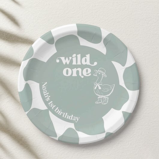 Wild One Dapper Duck 1st Birthday Sage Green Check Papieren Bordje