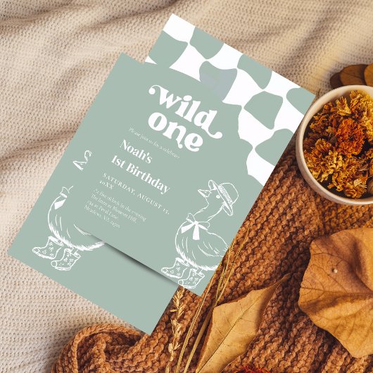 Wild One Dapper Duck 1st Birthday- sage green Kaart
