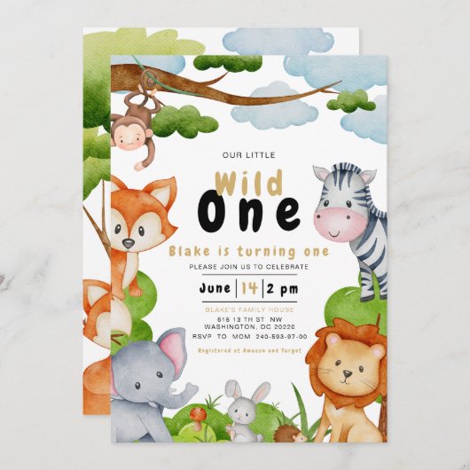 Wild One Dieren Eerste 1e Verjaardag Uitnodiging (Voorkant / Achterkant)