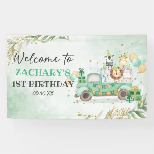 Wild One Dieren Groene Gebinte Goud Safari 1e Verj Spandoek (Horizontaal)