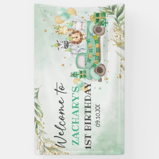 Wild One Dieren Groene Gebinte Goud Safari 1e Verj Spandoek (Verticaal)