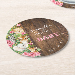 Wild One Dieren Rustieke Roze Safari Baby Shower Ronde Kartonnen Onderzetter