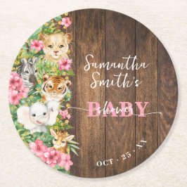 Wild One Dieren Rustieke Roze Safari Baby Shower Ronde Kartonnen Onderzetter