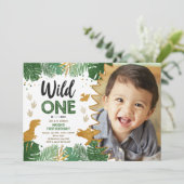 Wild One Dino Party Boy Gold Dinosaur 1e verjaarda Kaart (Staand voorkant)