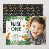 Wild One Dino Party Boy Gold Dinosaur 1e verjaarda Kaart (Voorkant / Achterkant)