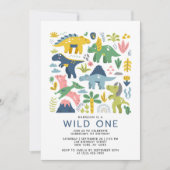 Wild One Dino Party Cute Modern Dinosaurs First Kaart (Voorkant)