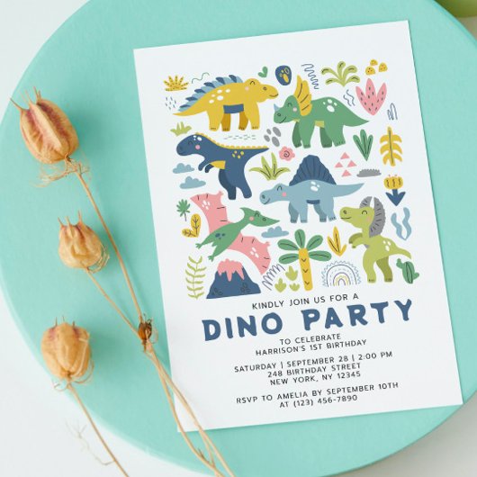 Wild One Dino Party Cute Modern Dinosaurs First Kaart