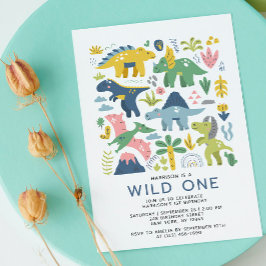 Wild One Dino Party Cute Modern Dinosaurs First Kaart