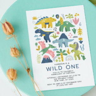 Wild One Dino Party Cute Modern Dinosaurs First Kaart