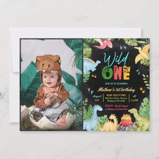 Wild One Dino Party Dinosaurus 1e verjaardag foto Kaart (Voorkant)