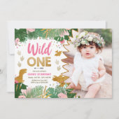 Wild One Dino Party Girl Pink Dinosaur Birthday Kaart (Voorkant)