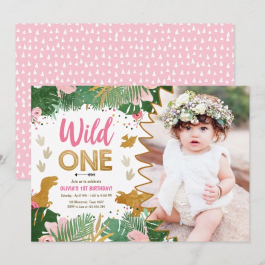 Wild One Dino Party Girl Pink Dinosaur Birthday Kaart (Voorkant / Achterkant)