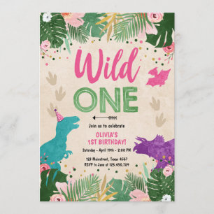 Wild One Dino Party Girl Pink Dinosaur Birthday Kaart
