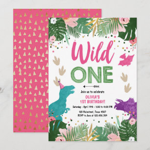 Wild One Dino Party Girl Roze Dinosaurus Verjaarda Kaart