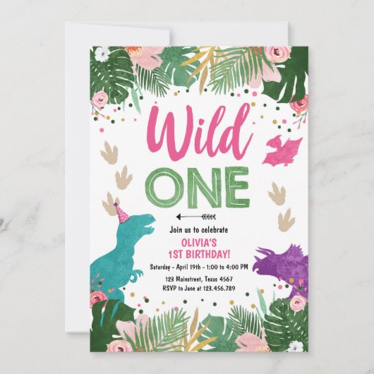 Wild One Dino Party Girl Roze Dinosaurus Verjaarda Kaart (Voorkant)