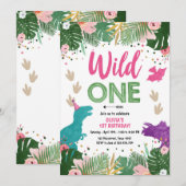 Wild One Dino Party Girl Roze Dinosaurus Verjaarda Kaart (Voorkant / Achterkant)