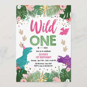 Wild One Dino Party Girl Roze Dinosaurus Verjaarda Kaart