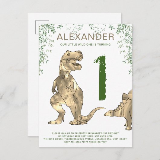 Wild One Dinosaur 1e Birthday Party Budget Uitnodiging Briefkaart (Voorkant / Achterkant)