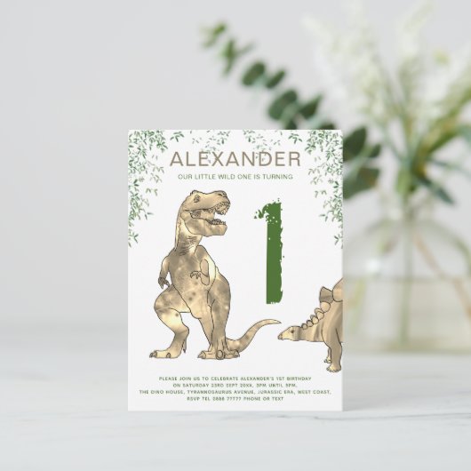Wild One Dinosaur 1e Birthday Party Budget Uitnodiging Briefkaart (Staand voorkant)