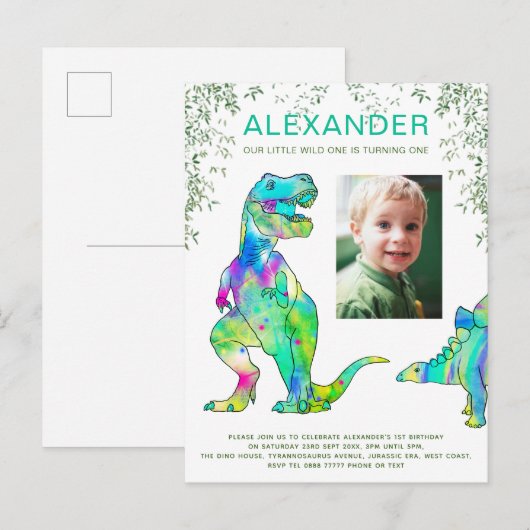 Wild One Dinosaur 1e Birthday Party Budget Uitnodiging Briefkaart (Voorkant / Achterkant)