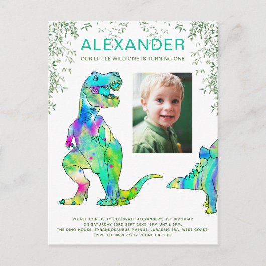 Wild One Dinosaur 1e Birthday Party Budget Uitnodiging Briefkaart (Voorkant)