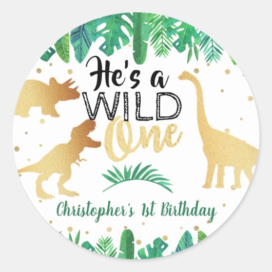 Wild One Dinosaur Boys 1e verjaardag Ronde Sticker (Voorkant)