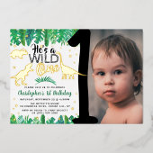 Wild One Dinosaur Boys 1st Birthday foto Real Folie Uitnodiging (Voorkant)